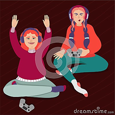 Girls play computer games Vector Illustration